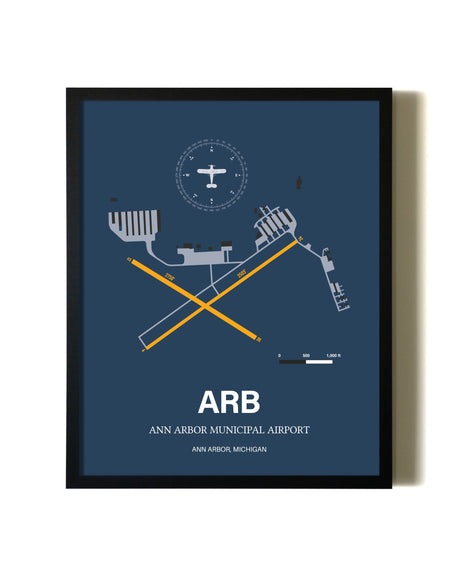 Blue and Yellow Framed Ann Arbor Municipal Airport wall art poster in black frame