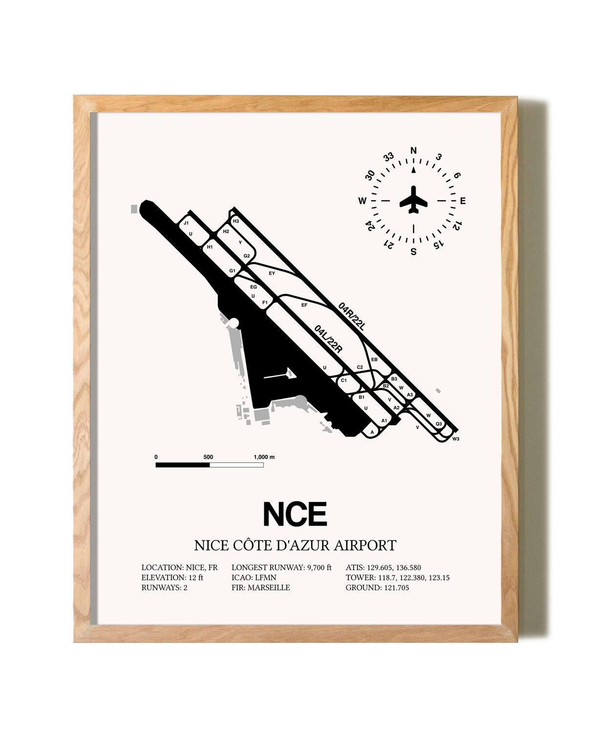 Nice Cote D'Azur Airport framed print in natural wood frame