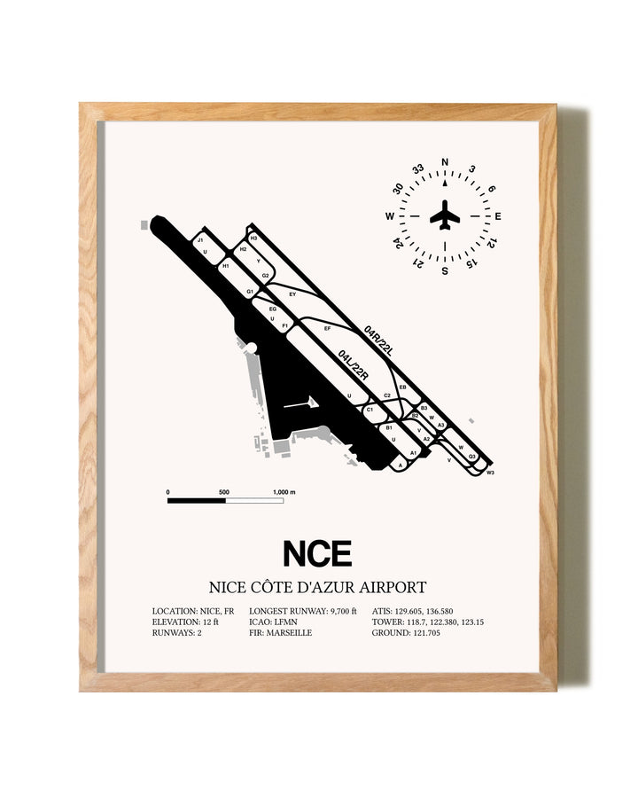 Nice Cote D'Azur Airport framed print in natural wood frame