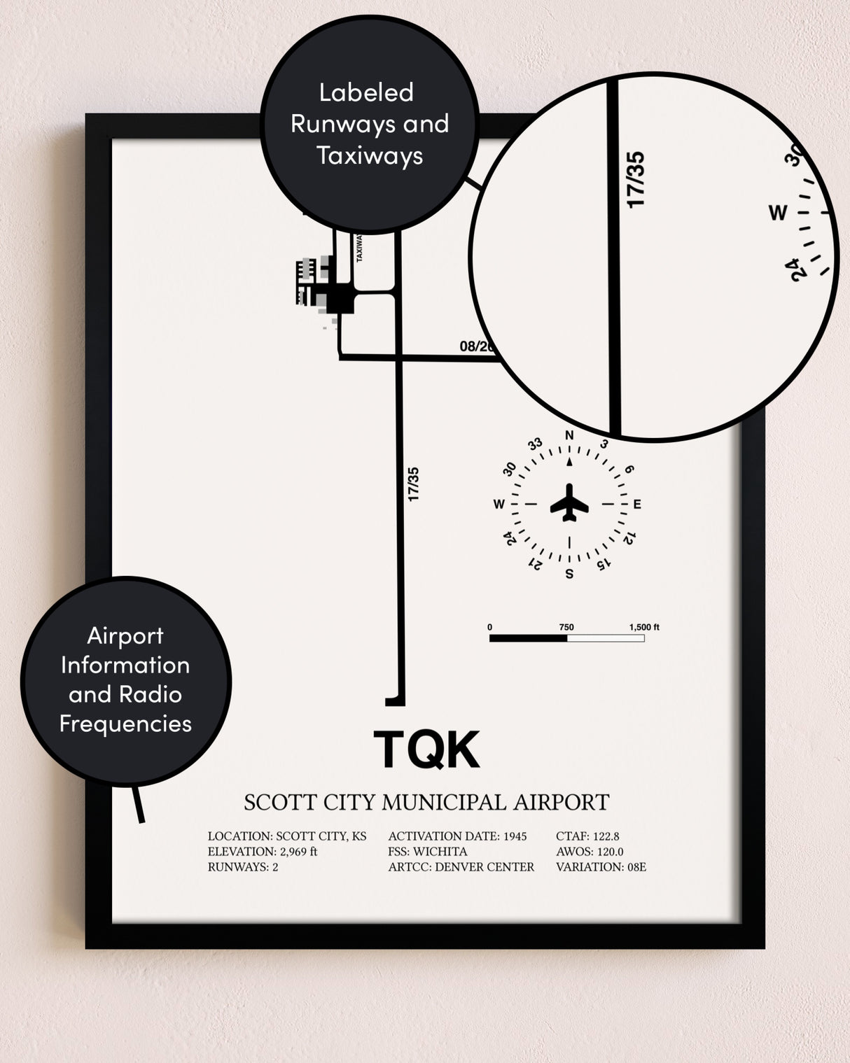 Framed Scott City Municipal Airport layout wall art poster
