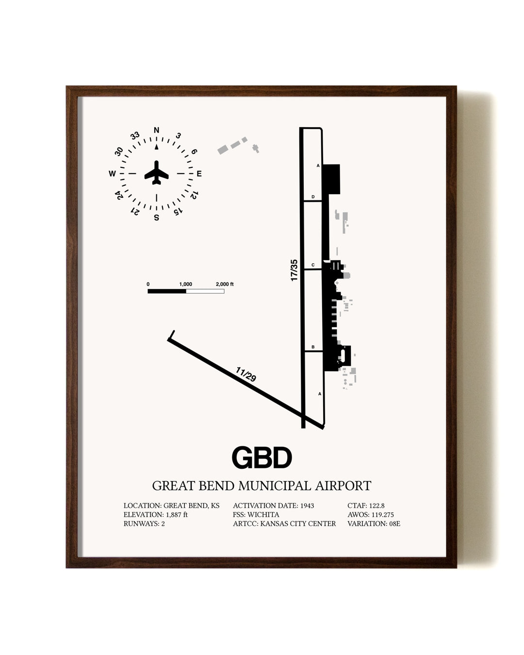 Great Bend Municipal Airport aviation print in walnut frame