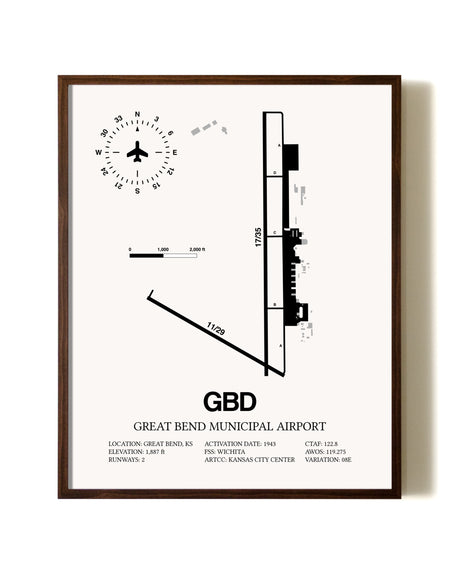 Great Bend Municipal Airport aviation print in walnut frame