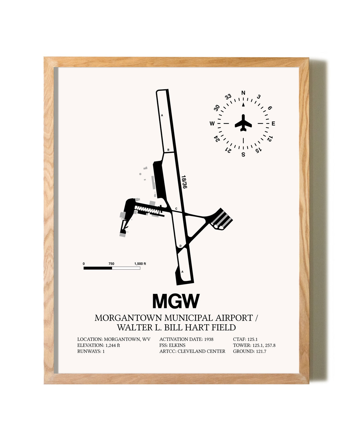 Morgantown Municipal Airport / Walter L. Bill Hart Field framed print in natural wood frame