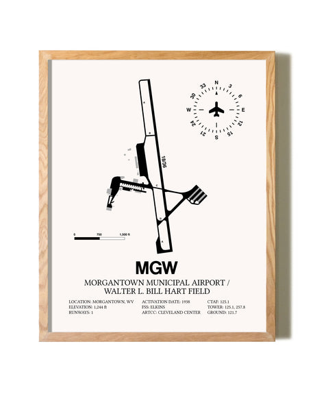 Morgantown Municipal Airport / Walter L. Bill Hart Field framed print in natural wood frame