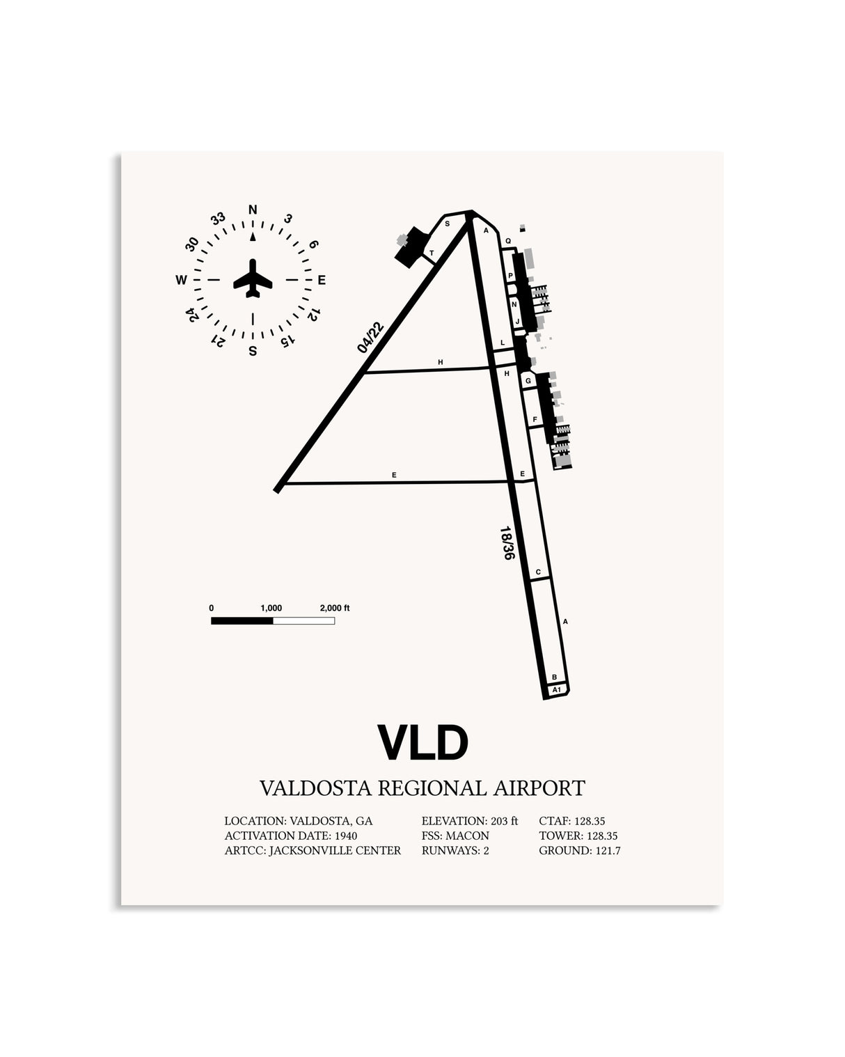 Gray Valdosta Regional Airport framed poster displayed in an airplane hangar