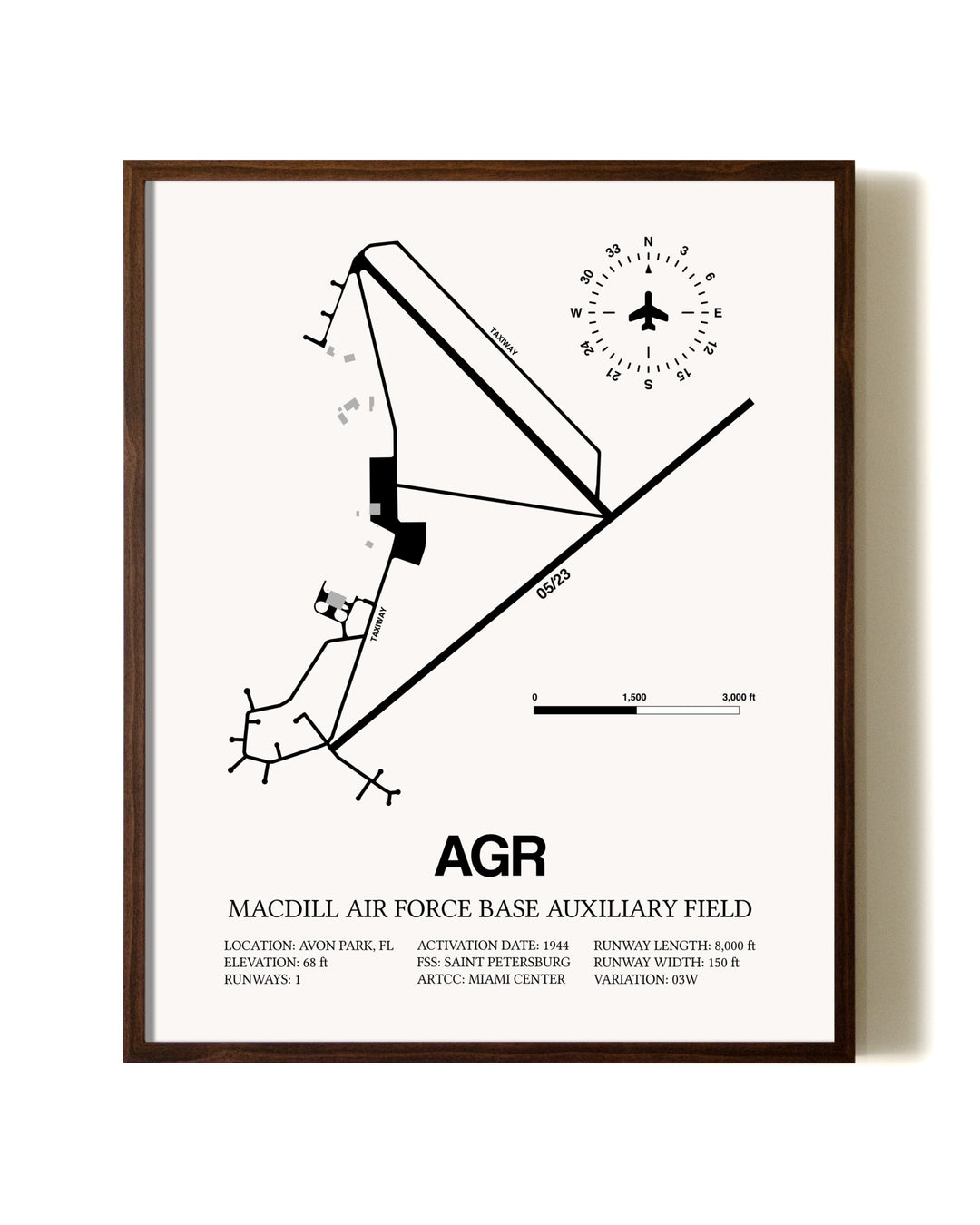 MacDill Air Force Base Auxiliary Field aviation print in walnut frame