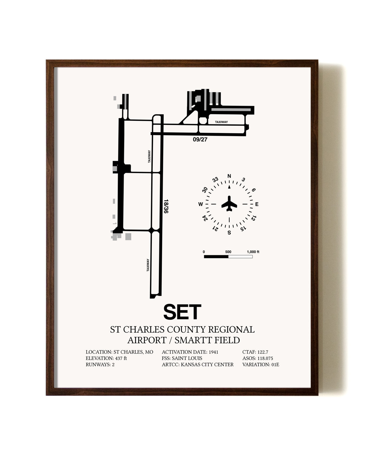 St. Charles County Regional Airport / Smartt Field aviation print in walnut frame