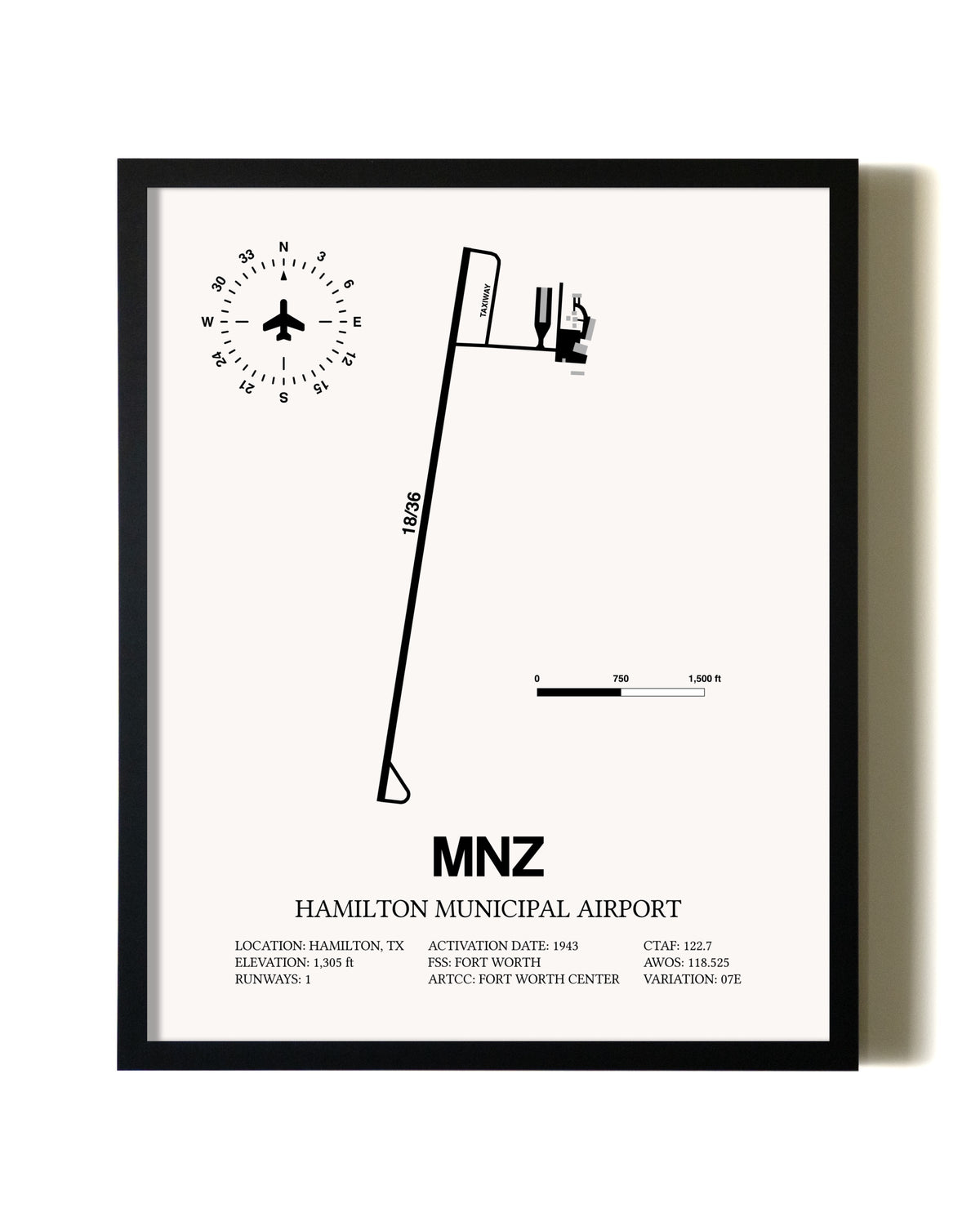 Framed Hamilton Municipal Airport wall art poster in black frame