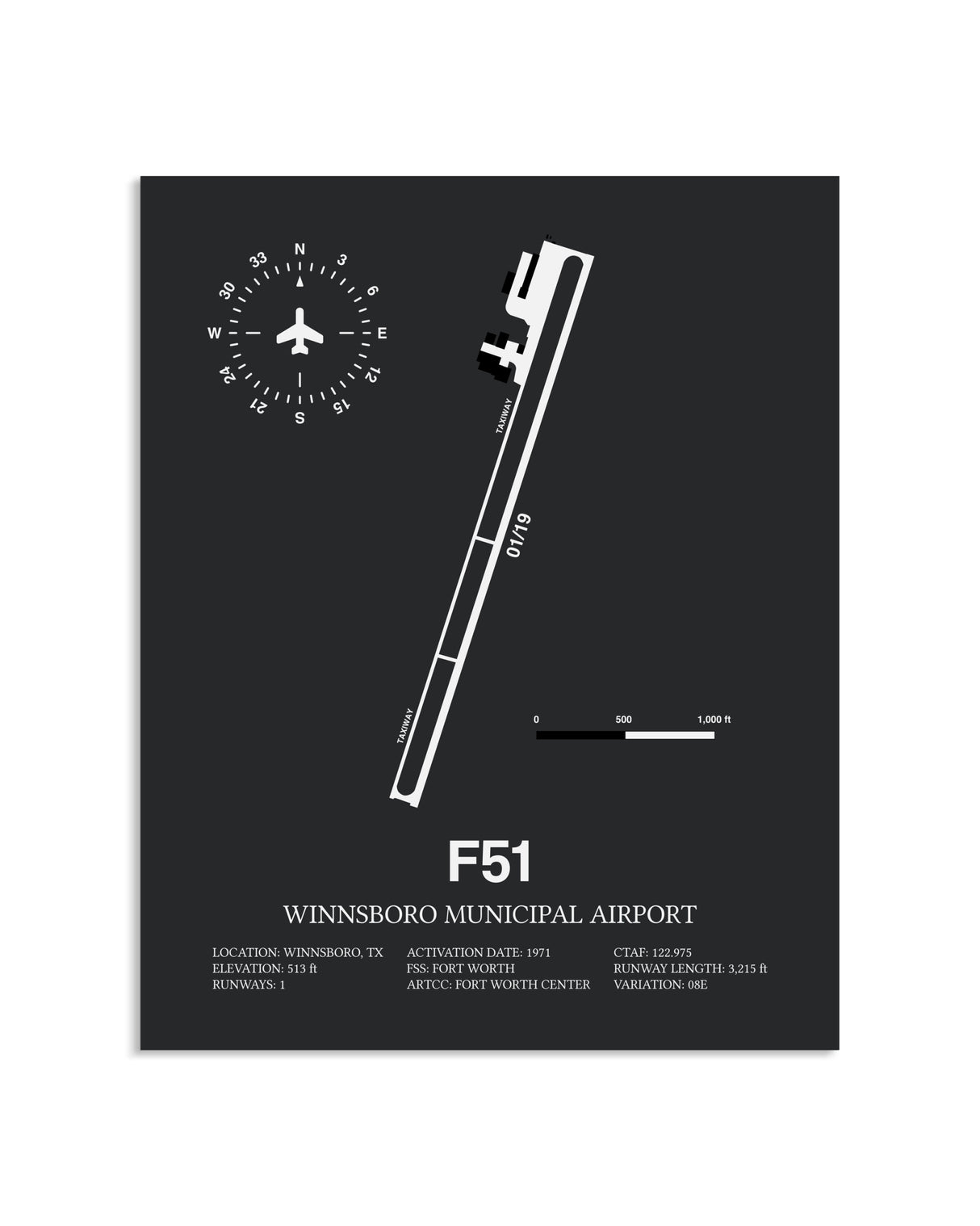 Gray Framed Winnsboro Municipal Airport layout wall art poster