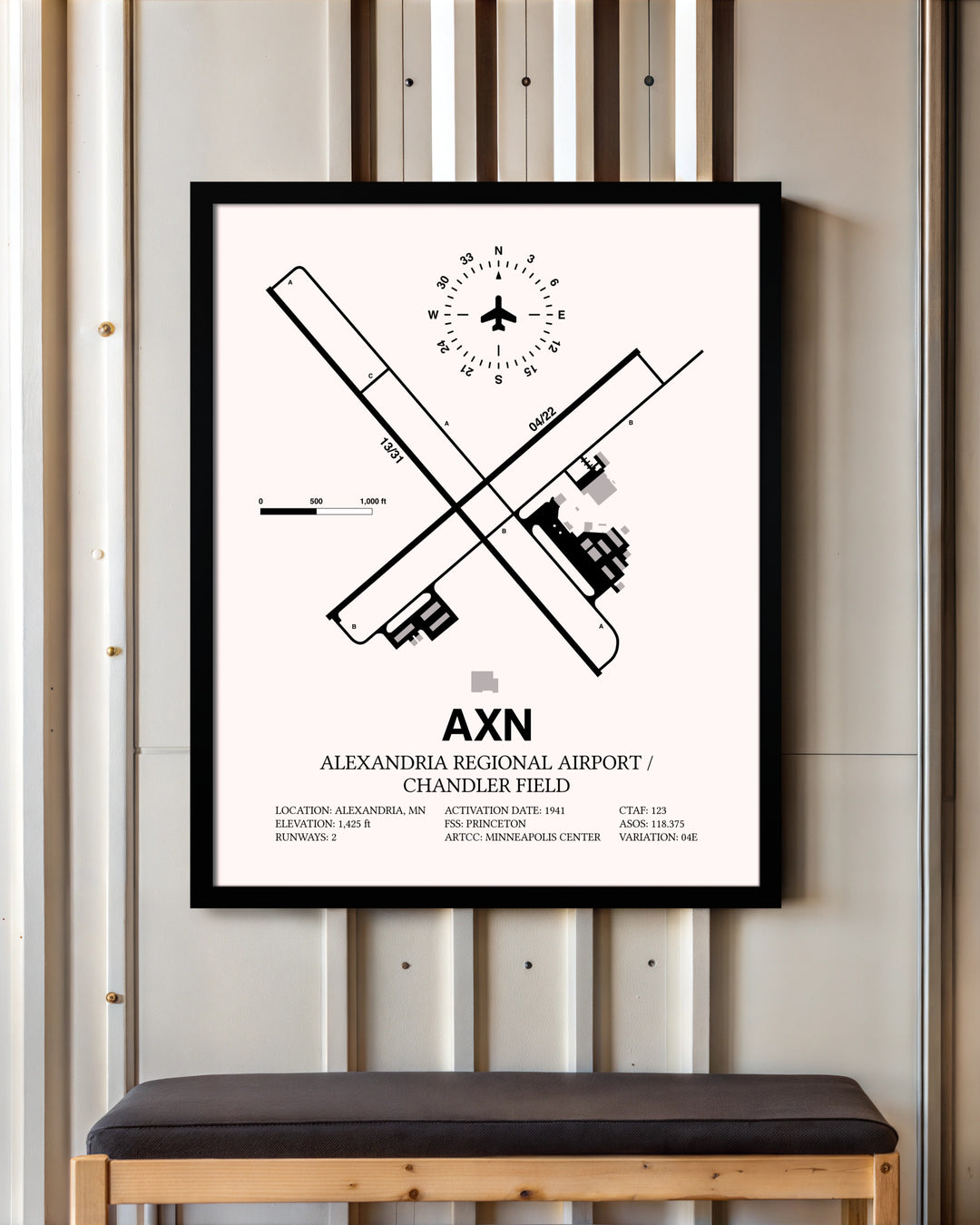 Alexandria Regional Airport / Chandler Field framed poster displayed in an airplane hangar