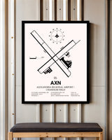 Alexandria Regional Airport / Chandler Field framed poster displayed in an airplane hangar