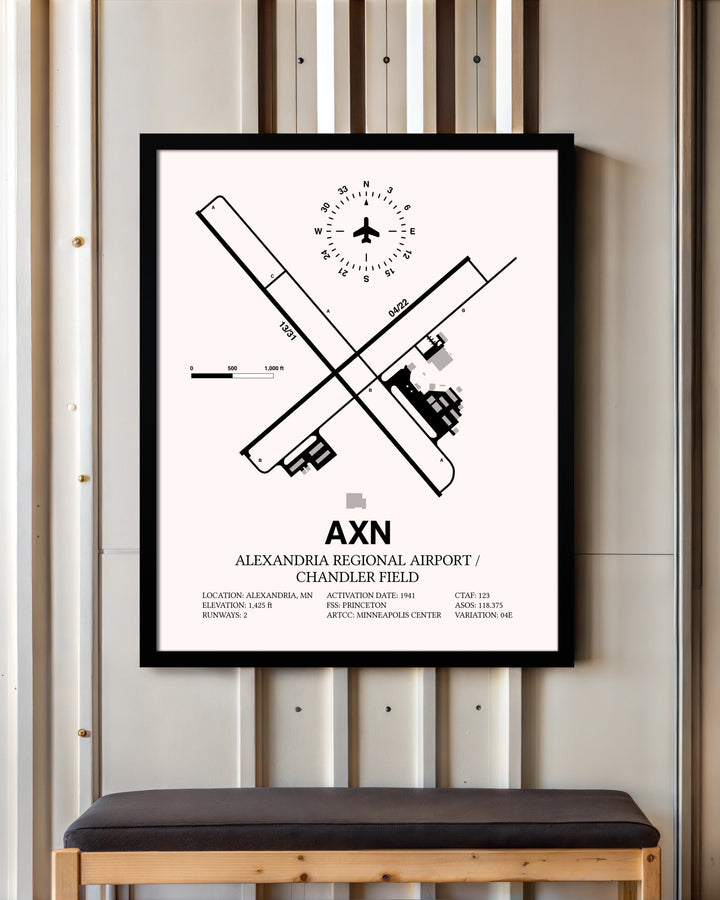 Alexandria Regional Airport / Chandler Field framed poster displayed in an airplane hangar