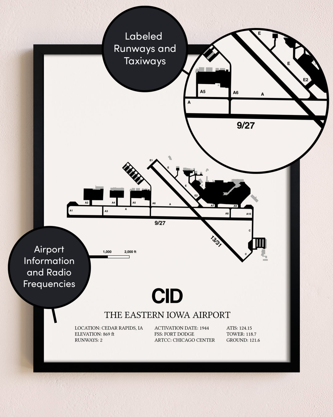 Framed The Eastern Iowa Airport layout wall art poster