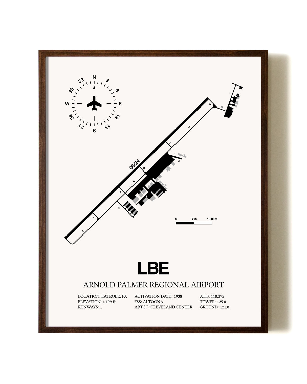 Arnold Palmer Regional Airport aviation print in walnut frame