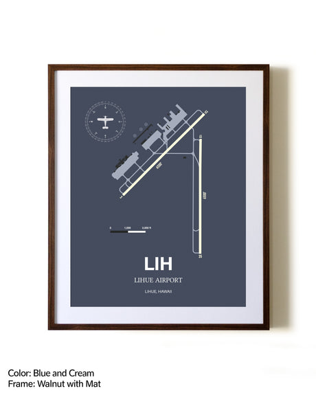 Lihue Airport aviation print in walnut frame with mat