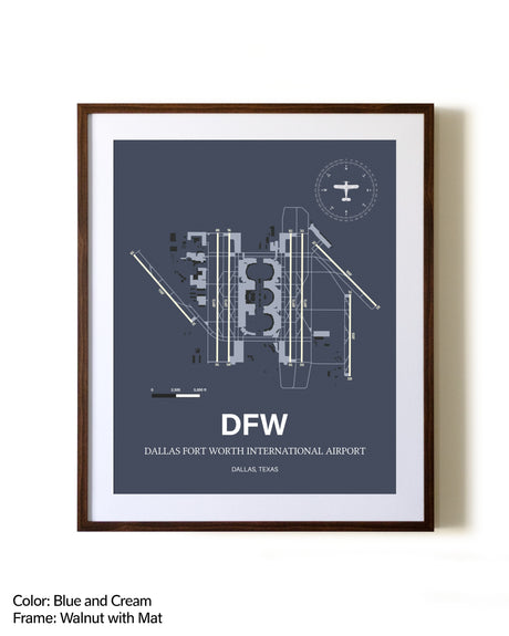 Dallas-Fort Worth International Airport aviation print in walnut frame with mat
