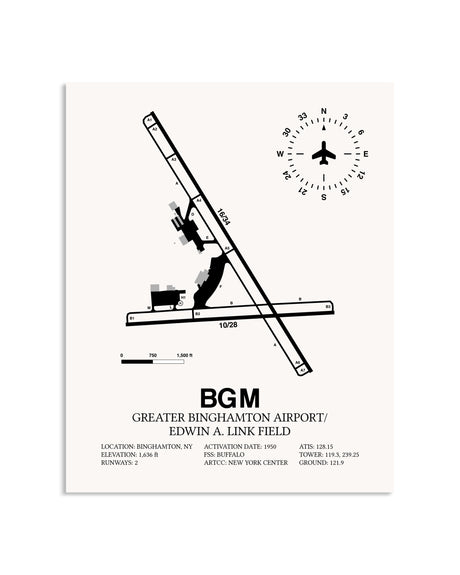 Gray Greater Binghamton Airport / Edwin A. Link Field framed poster displayed in an airplane hangar