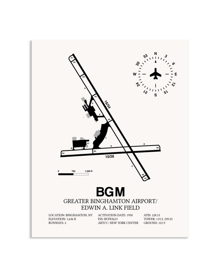 Gray Greater Binghamton Airport / Edwin A. Link Field framed poster displayed in an airplane hangar