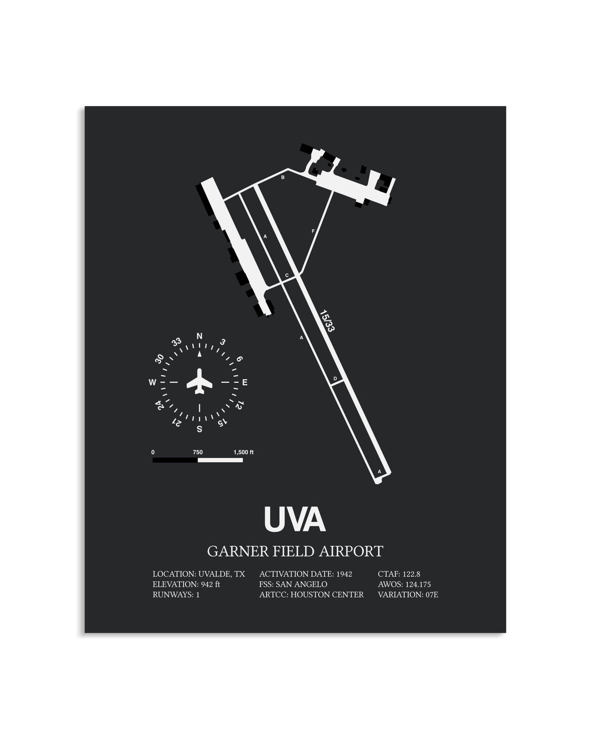 Gray Framed Garner Field Airport layout wall art poster