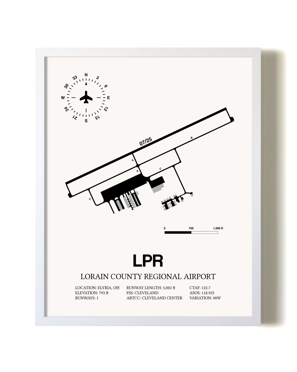 Lorain County Regional Airport airport map poster in oak frame