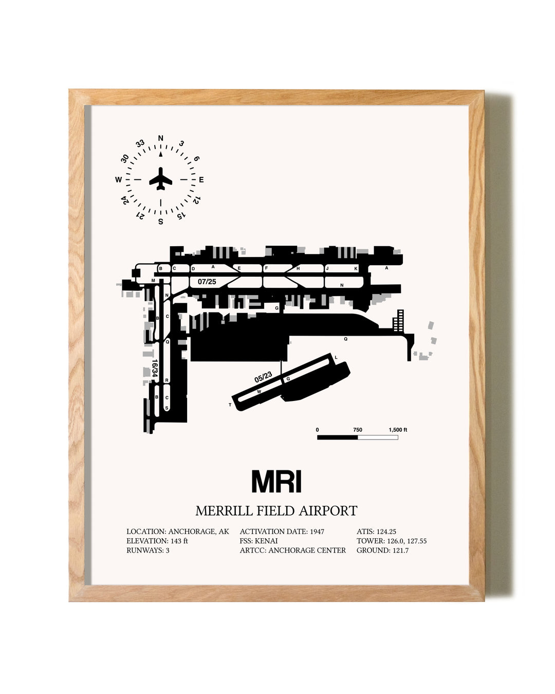 Merrill Field Airport framed print in natural wood frame