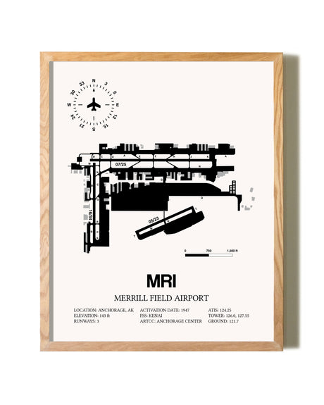 Merrill Field Airport framed print in natural wood frame