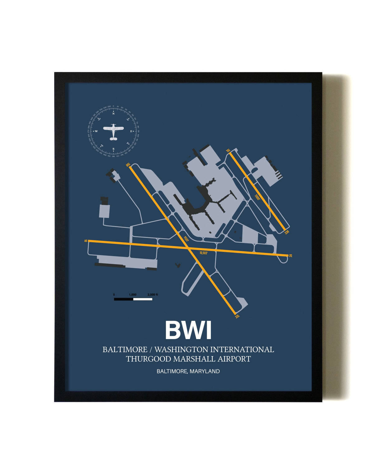 Blue and Yellow Framed Baltimore/Washington International Thurgood Marshall Airport wall art poster in black frame
