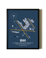 Blue and Yellow Framed Baltimore/Washington International Thurgood Marshall Airport wall art poster in black frame