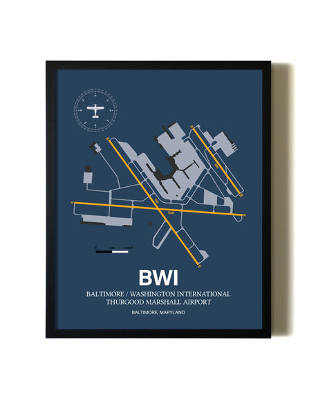 Blue and Yellow Framed Baltimore/Washington International Thurgood Marshall Airport wall art poster in black frame