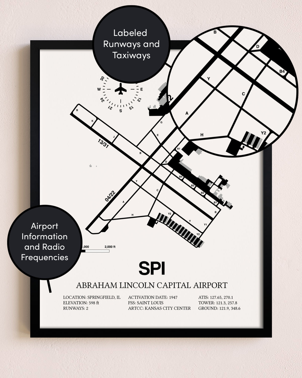 Framed Abraham Lincoln Capital Airport layout wall art poster