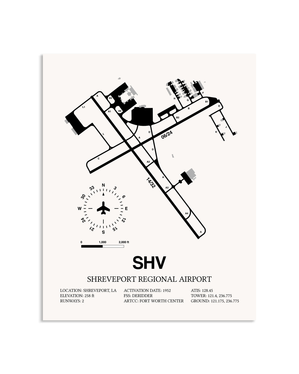 Gray Shreveport Regional Airport framed poster displayed in an airplane hangar