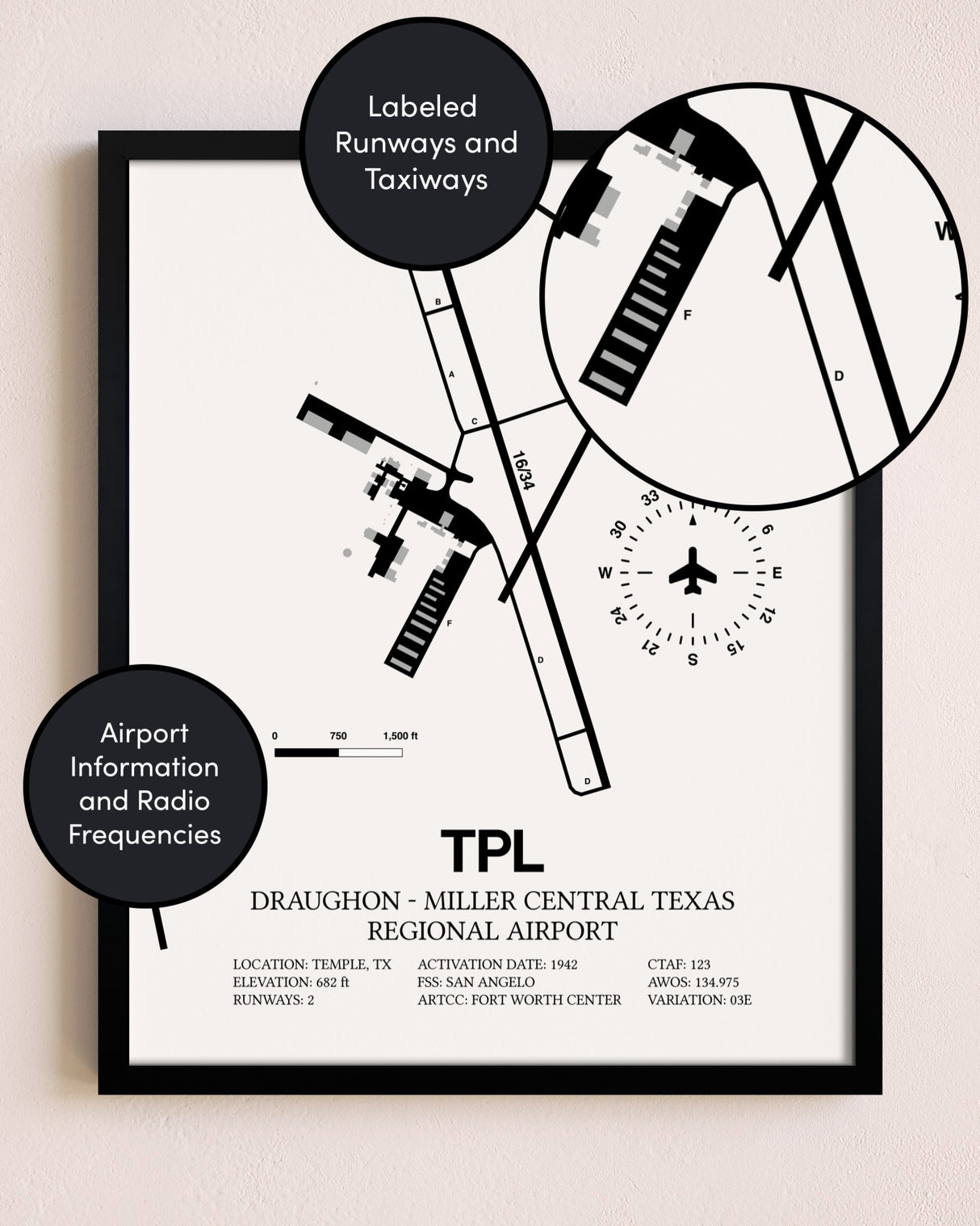 Framed Draughon-Miller Central Texas Regional Airport layout wall art poster