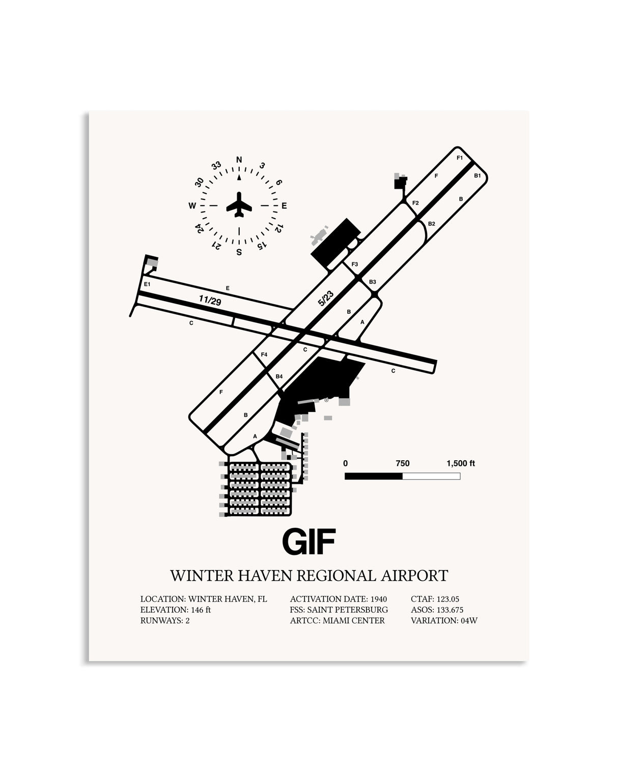 Gray Winter Haven Regional Airport framed poster displayed in an airplane hangar