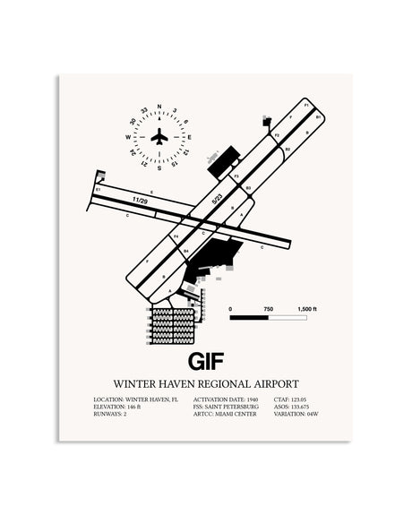 Gray Winter Haven Regional Airport framed poster displayed in an airplane hangar