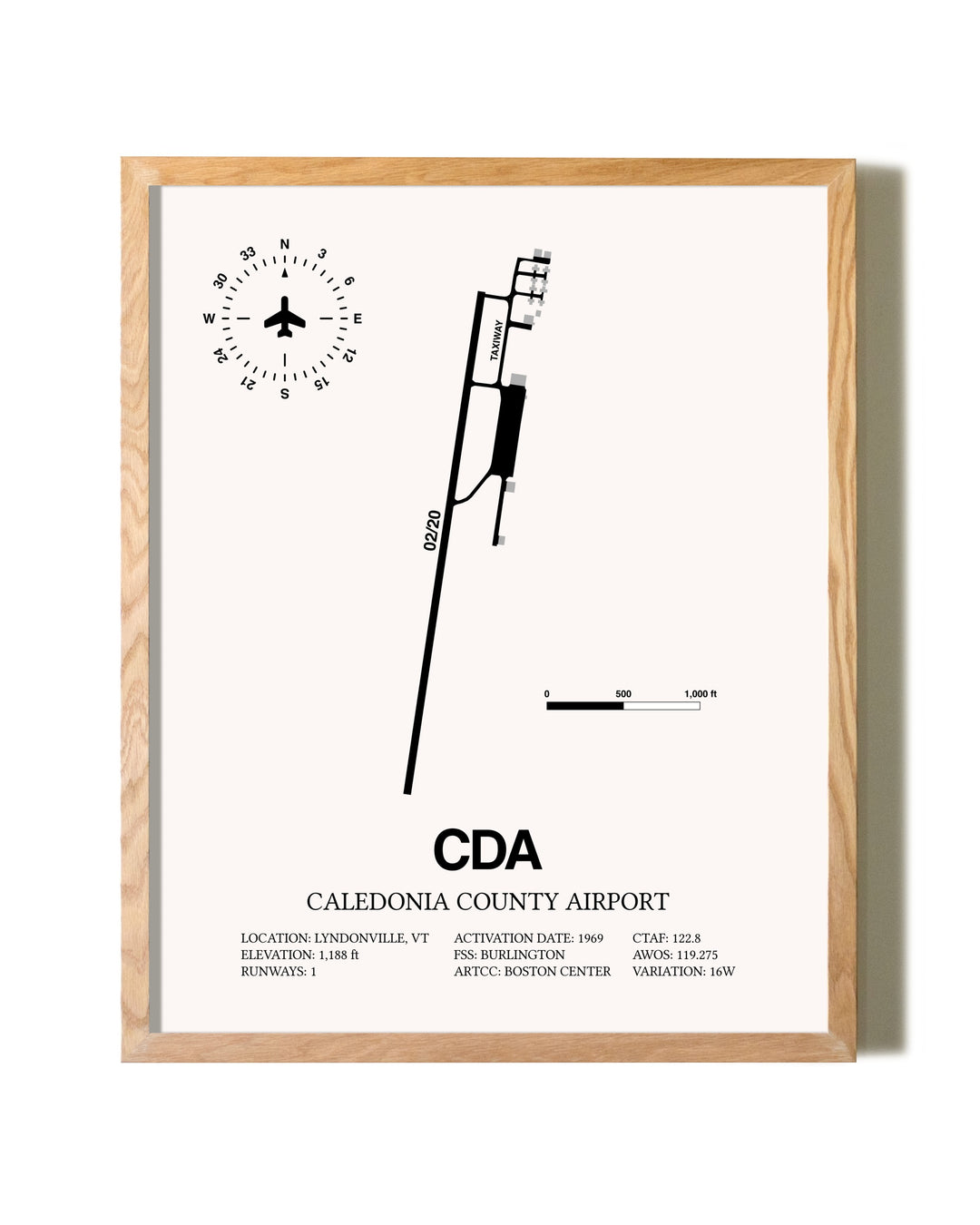Caledonia County Airport framed print in natural wood frame