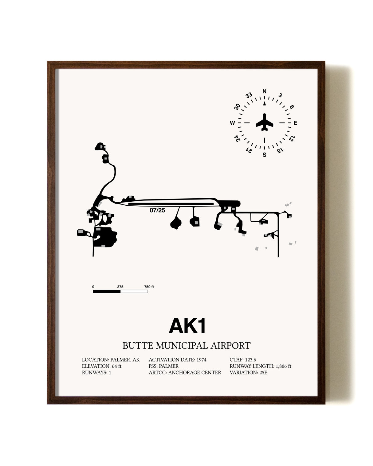 Butte Municipal Airport aviation print in walnut frame
