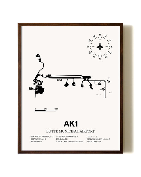 Butte Municipal Airport aviation print in walnut frame