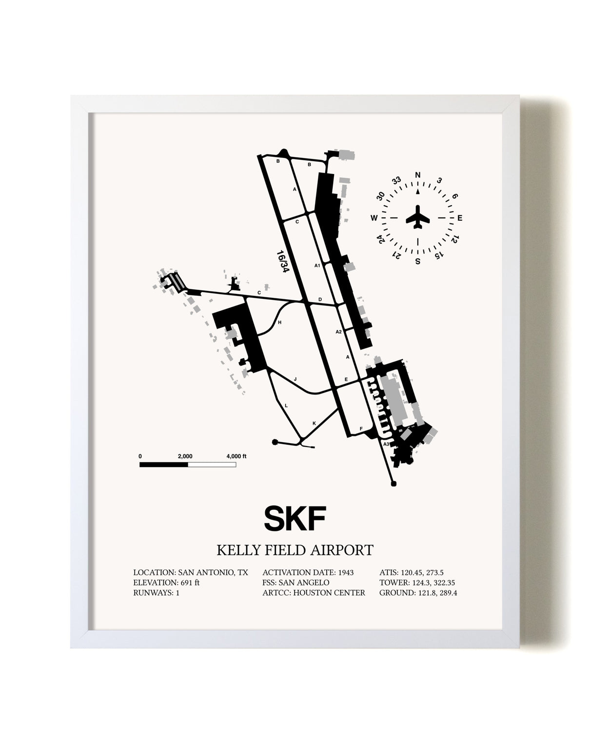 Kelly Field Airport airport map poster in oak frame