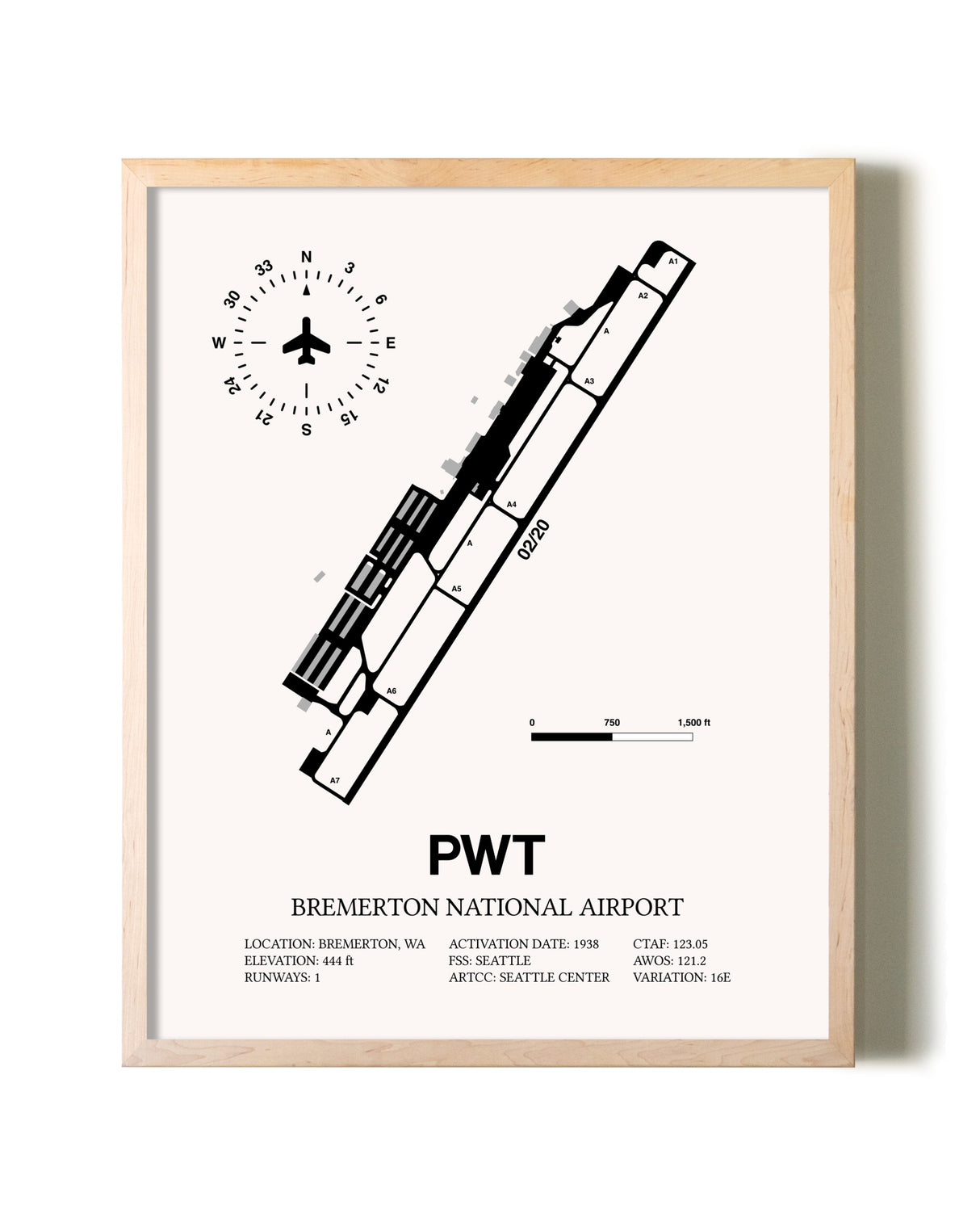 Bremerton National Airport framed wall art in white frame