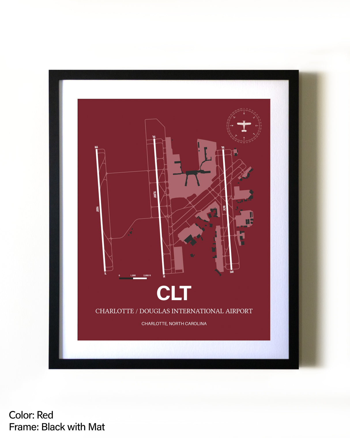 Charlotte / Douglas International Airport aviation wall décor in black wood frame
