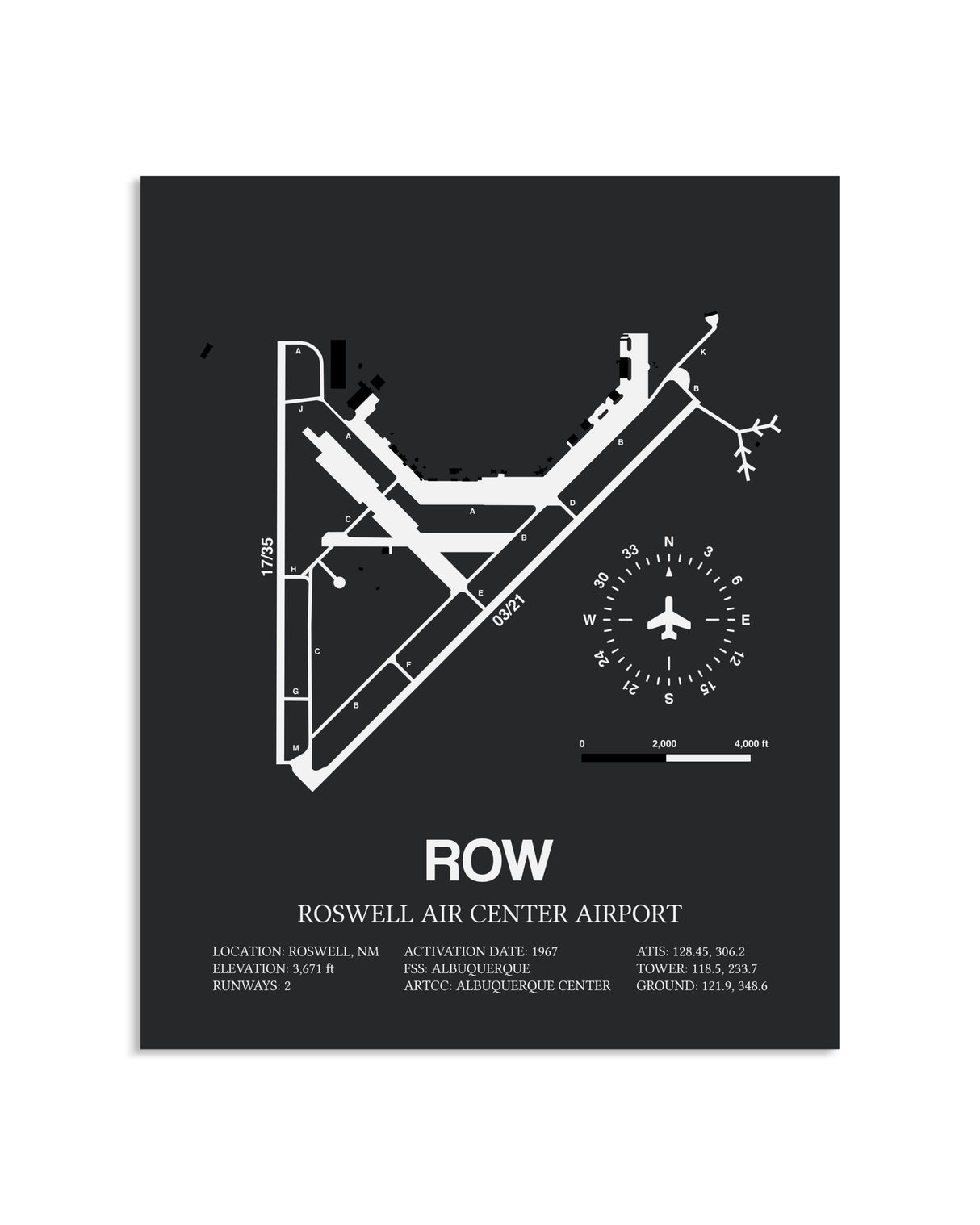 Gray Framed Roswell Air Center Airport layout wall art poster