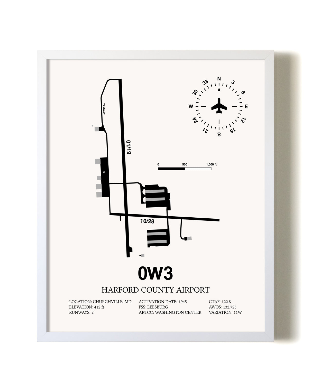 Harford County Airport airport map poster in oak frame