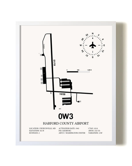 Harford County Airport airport map poster in oak frame