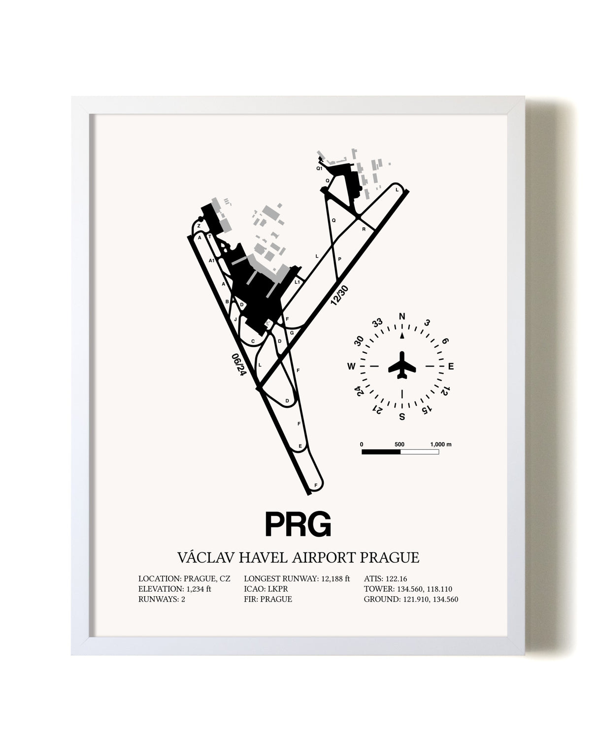 Vaclav Havel Airport Prague airport map poster in oak frame