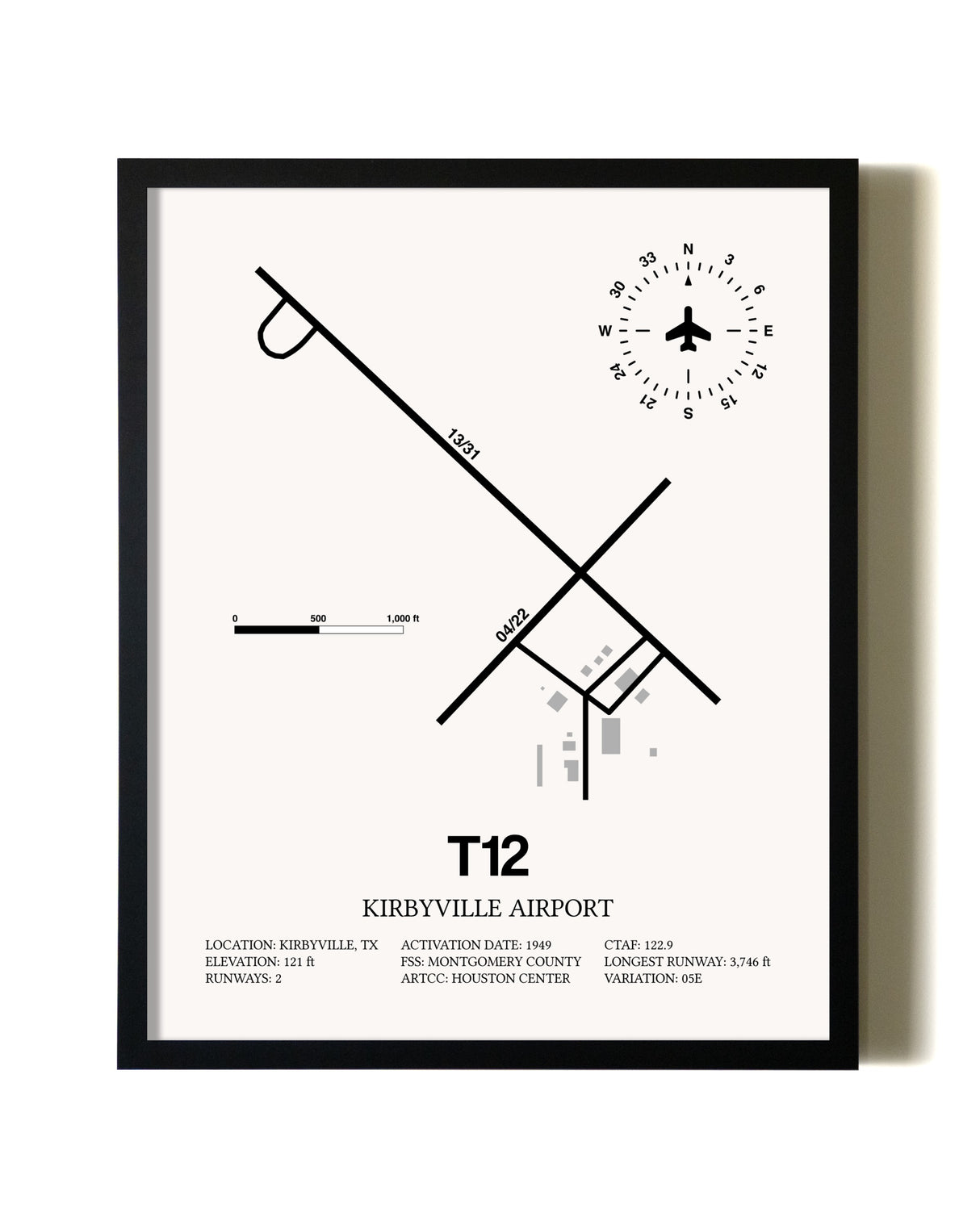 Framed Kirbyville Airport wall art poster in black frame