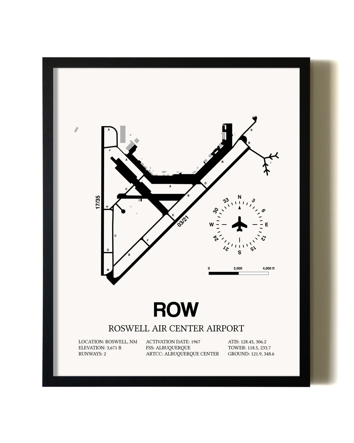 Framed Roswell Air Center Airport wall art poster in black frame