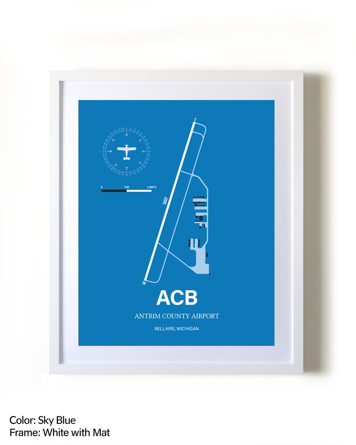 Antrim County Airport framed wall art in white frame with mat
