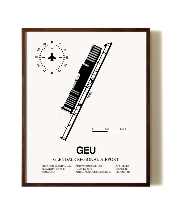 Glendale Regional Airport aviation print in walnut frame