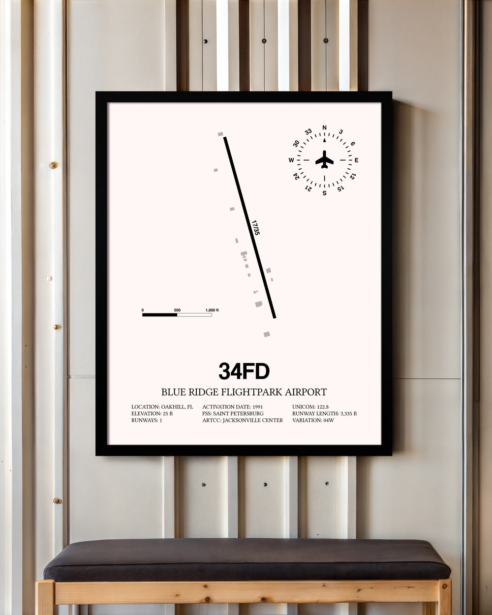Blue Ridge Flightpark Airport framed poster displayed in an airplane hangar