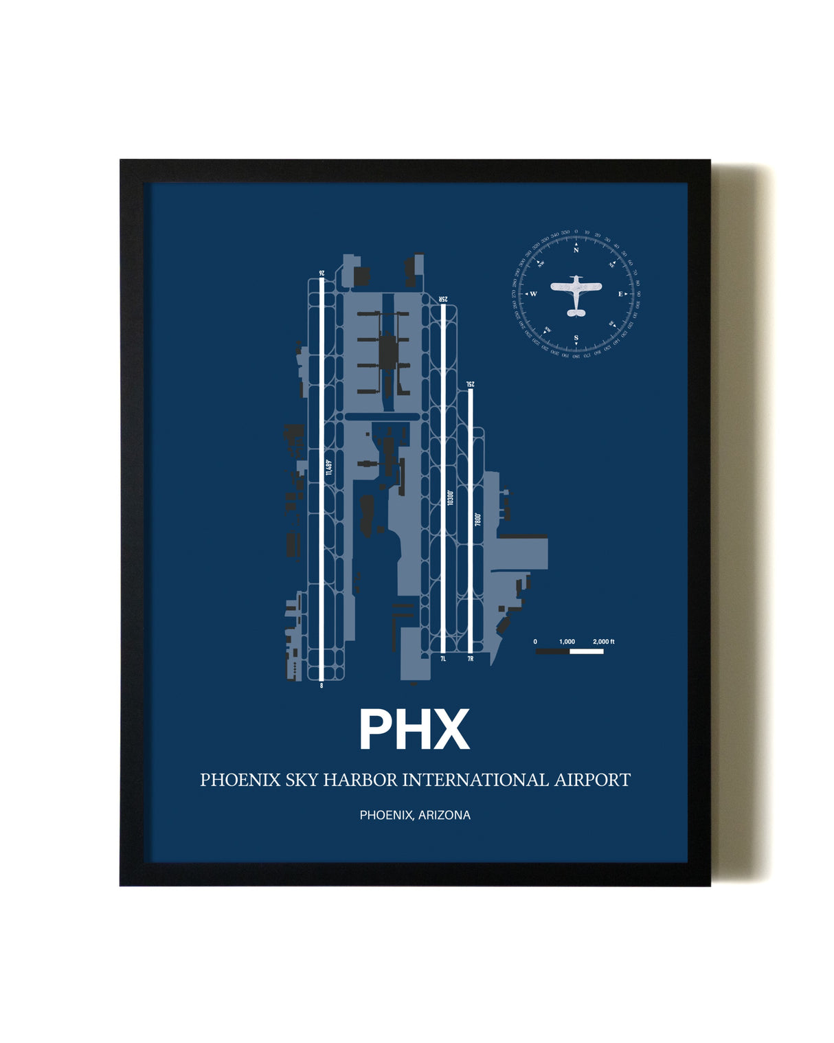 Aviation Blue Framed Phoenix Sky Harbor International Airport layout wall art poster